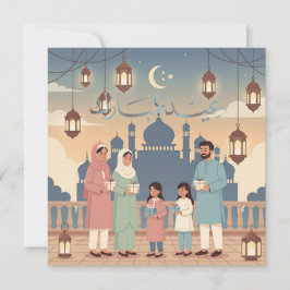Tarjeta Festiva Eid Mubarak Family Celebration Pastel Mosque Card