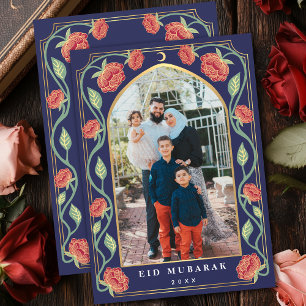 Tarjeta Festiva Eid Mubarak Floral Azul Elegante Foto