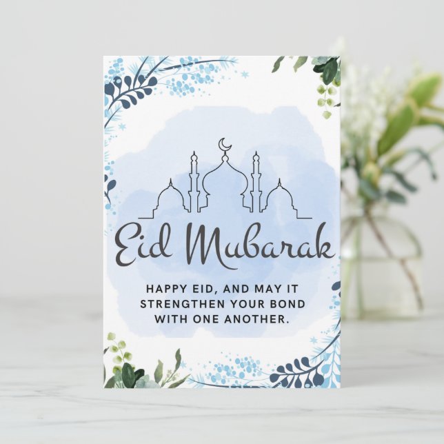 Tarjeta Festiva Eid Mubarak Floral Azul Mezquita (Anverso de pie)