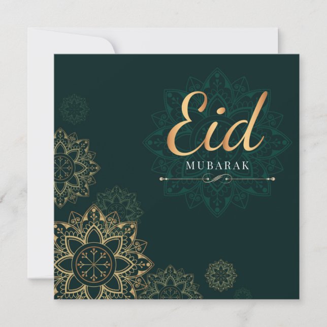 Tarjeta Festiva Eid Mubarak Gold Green Floral (Anverso)