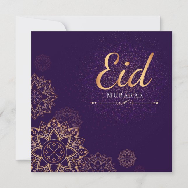 Tarjeta Festiva Eid Mubarak Gold Purple Floral (Anverso)