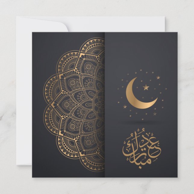 Tarjeta Festiva Eid Mubarak Golden Mandala Crescent Stars (Anverso)