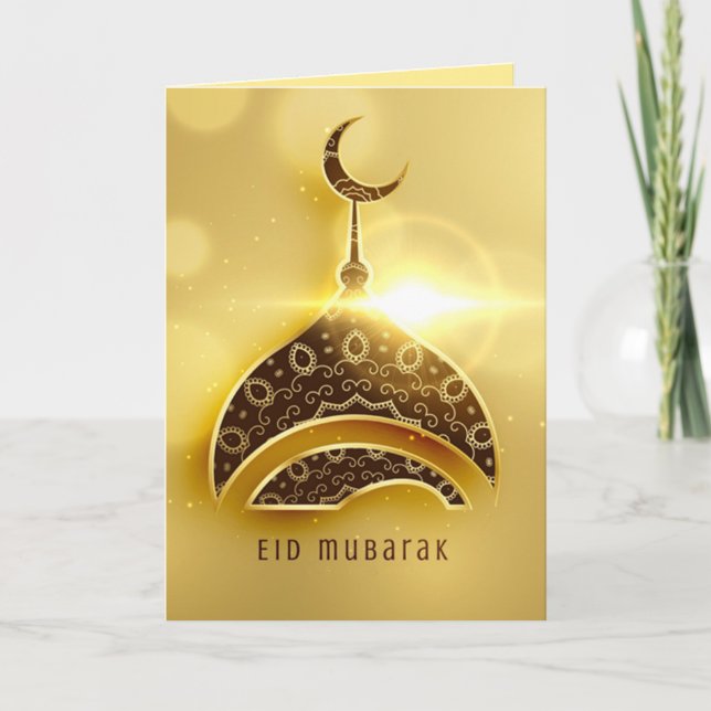 Tarjeta Festiva Eid Mubarak Hermoso Marrón y Oro (Anverso)