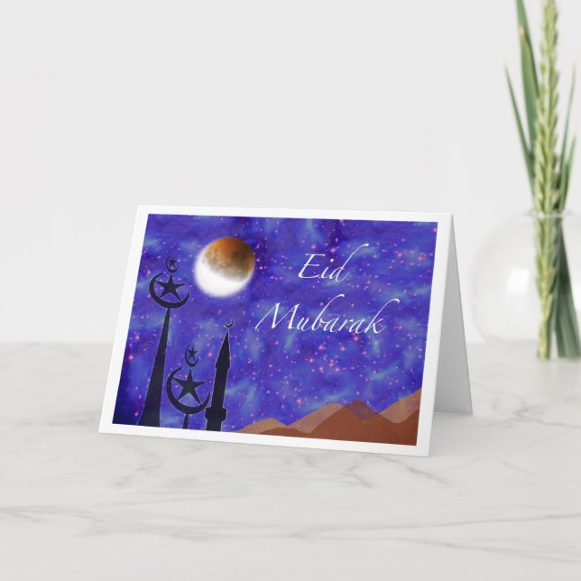Tarjeta Festiva Eid Mubarak, luna creciente y minaretes (Anverso)
