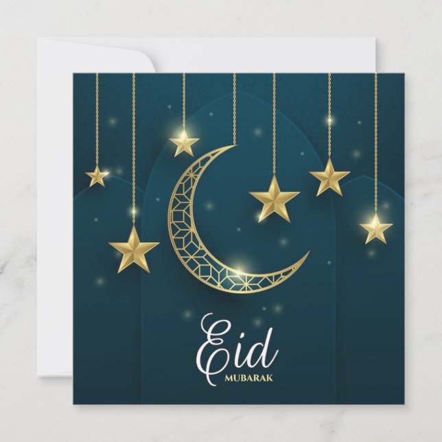 Tarjeta Festiva Eid Mubarak Luna dorada y estrellas (Anverso)