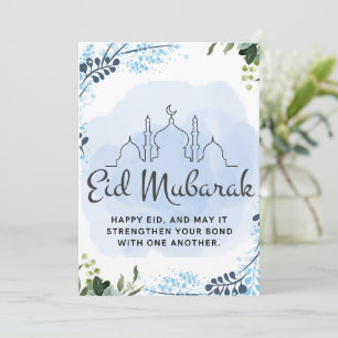 Tarjeta Festiva Eid Mubarak Mezquita Floral Azul