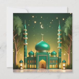 Tarjeta Festiva Eid Mubarak Mezquita Media Luna Estrellas Verde Do
