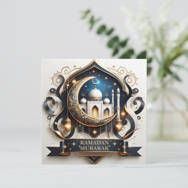 Tarjeta Festiva Eid Mubarak musulmán Crescent Moon Mosage Golden (Anverso de pie)