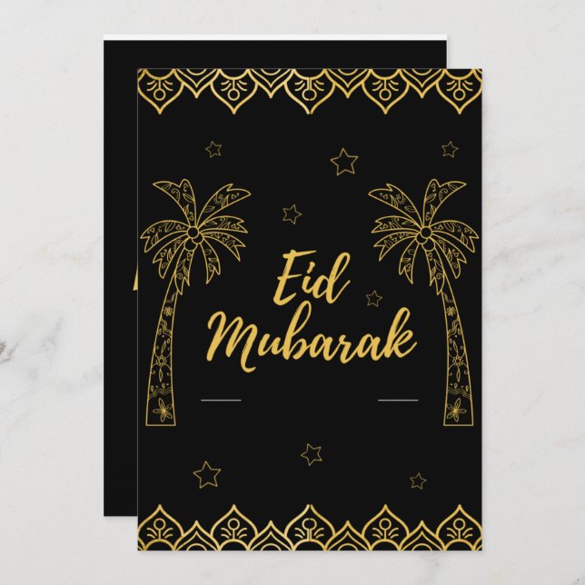 Tarjeta Festiva Eid Mubarak negro y dorado (Anverso / Reverso)