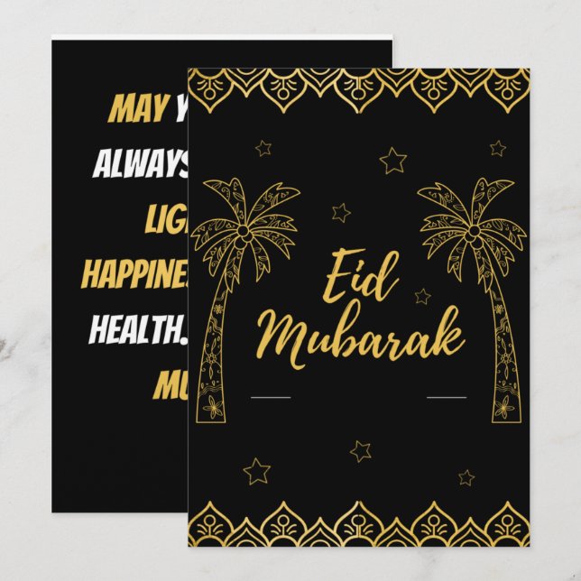 Tarjeta Festiva Eid Mubarak Negro Y Oro (Anverso / Reverso)