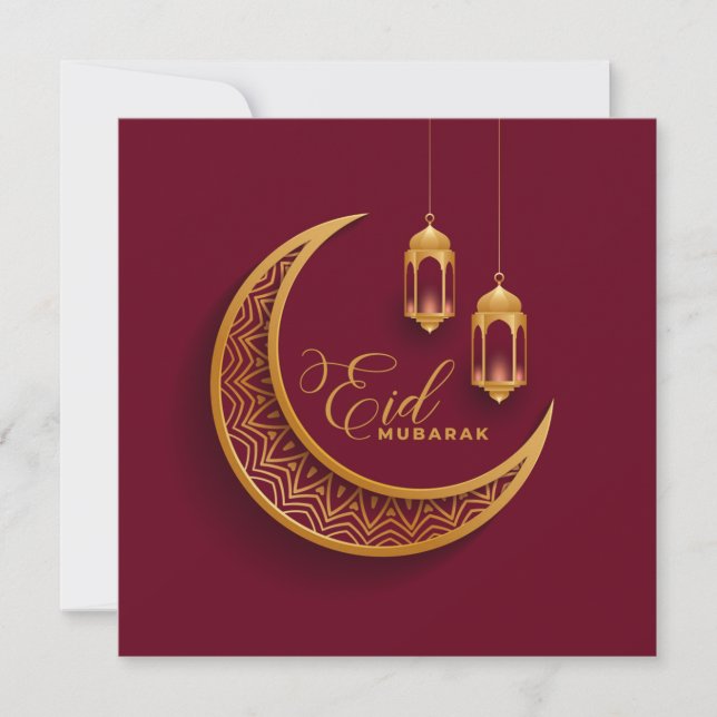 Tarjeta Festiva Eid Mubarak Oro Creciente Linterna Islámica Rojo (Anverso)
