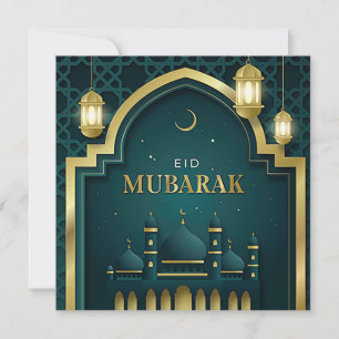 Tarjeta Festiva Eid Mubarak Oro Crescent Mezquita Verde 