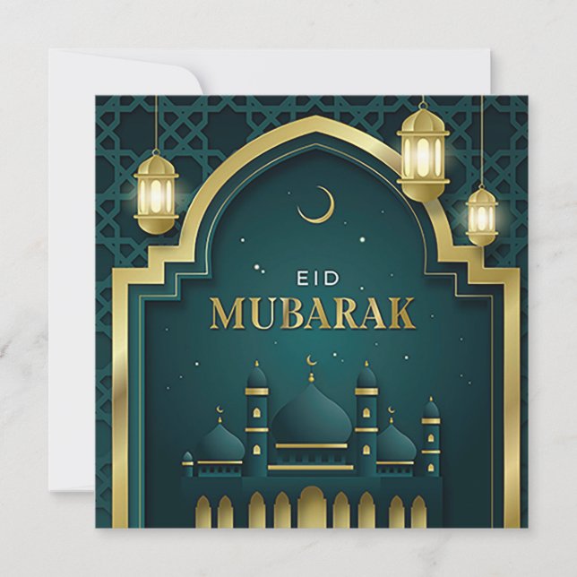 Tarjeta Festiva Eid Mubarak Oro Crescent Mezquita Verde (Anverso)