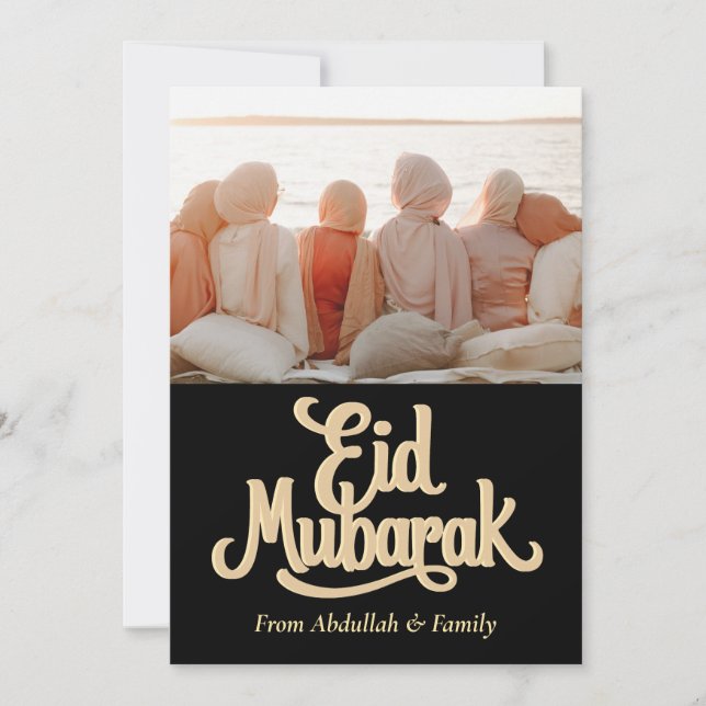 Tarjeta Festiva Eid Mubarak Ramadan Elegante Foto Oro Negro (Anverso)