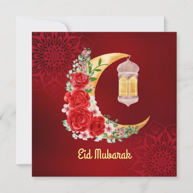 Tarjeta Festiva Eid Mubarak | Ramadan Kareem Luna Cresent Floral (Anverso)
