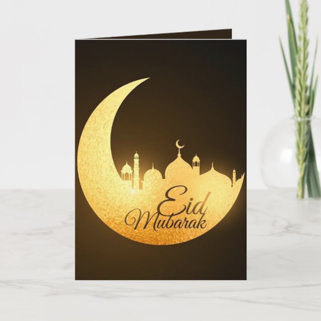Tarjeta Festiva Eid Mubarak Rebosando Oro Marrón en la Mezquita Ce (Anverso)