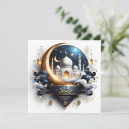 Tarjeta Festiva Eid Ramadan Mezquita Dorada Crescent Luna Azul Bla