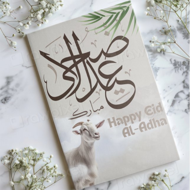 Tarjeta Festiva Eid ul-Adha Mubarak 1446H Cabra y Islámico Arábigo (Subido por el creador)