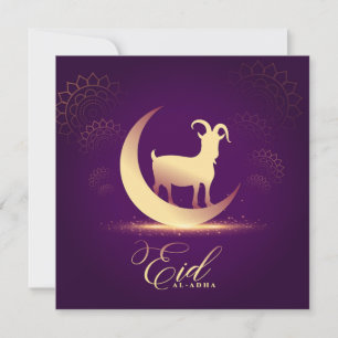 Tarjeta Festiva Eid ul Adha Mubarak Crescent Goat Gold Purple 