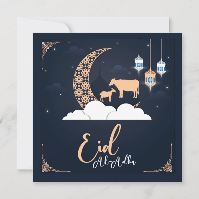 Tarjeta Festiva Eid ul Adha Mubarak Crescent Goat Islamic Lantern (Anverso)