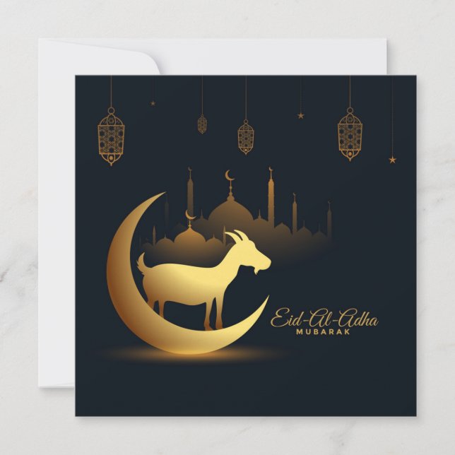 Tarjeta Festiva Eid Ul Adha Mubarak Crescent Mezquita Goat Gold (Anverso)