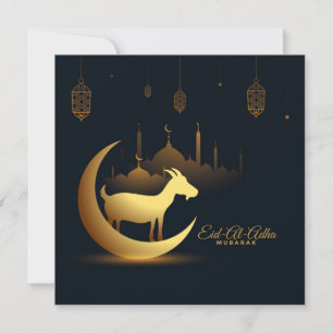 Tarjeta Festiva Eid Ul Adha Mubarak Crescent Mezquita Goat Gold