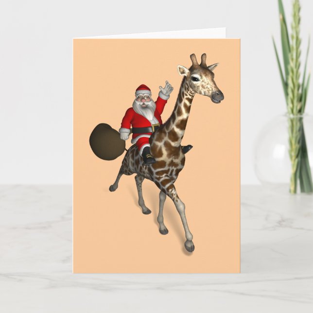 Tarjeta Festiva El alegre Papá Noel Viaja A Giraffe (Anverso)