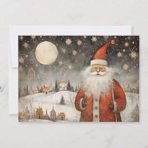 Tarjeta Festiva El alegre y caprichoso Papá Noel en una aldea neva