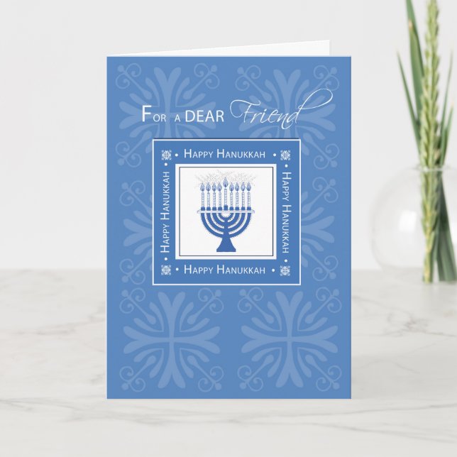 Tarjeta Festiva El amigo Jánuca desea Menorah azul (Anverso)