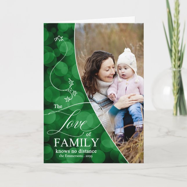 Tarjeta Festiva El amor de los Navidades de Bokeh Verde en familia (Anverso)