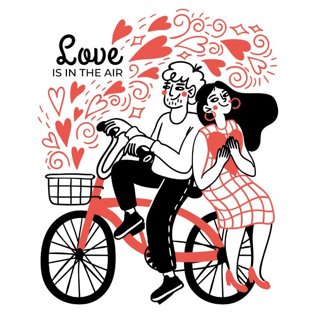 Tarjeta Festiva El amor está en el aire (The man, wearing a playful expression, grips the handlebars while the woman, dressed in checkered!)