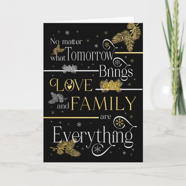 Tarjeta Festiva El amor y la familia son todo oro plateado negro (Anverso)