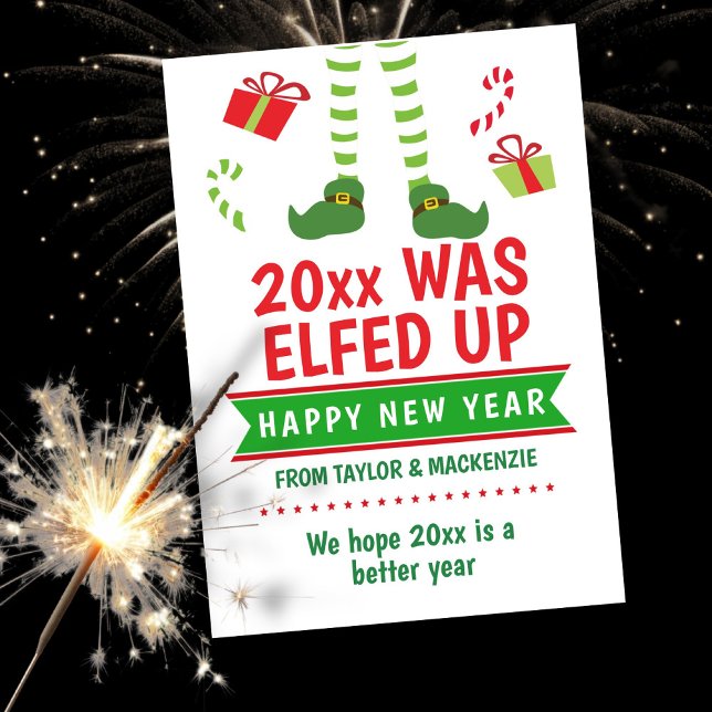 Tarjeta Festiva El año estuvo Elfeado Feliz Año Nuevo (The Year was Elfed Up Happy New Year Holiday Card by Ricaso. Was the past year not great? 
)