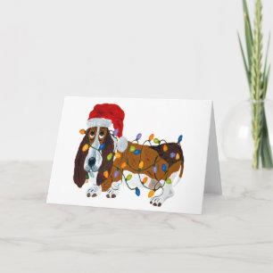 Tarjeta Festiva El Basset Envuelto En Las Luces De Los Navidades