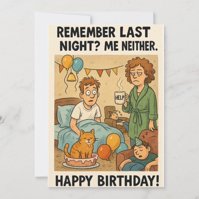 Tarjeta Festiva El caos de la resaca de cumpleaños (Anverso)
