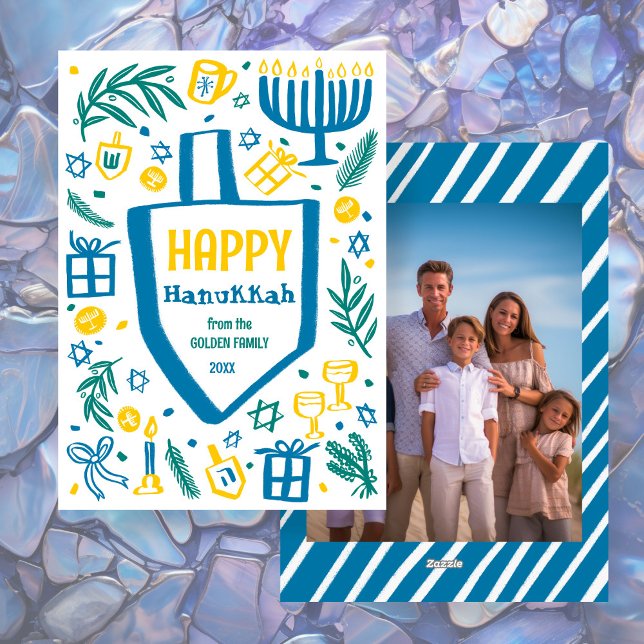 Tarjeta Festiva El caprichoso PERSONALIZADO Dreidel Menorah Foto H (Whimsical Dreidel Menorah CUSTOM Photo HANUKKAH Holiday Card
)