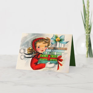 Tarjeta Festiva El chica de compras retro del vintage añade la