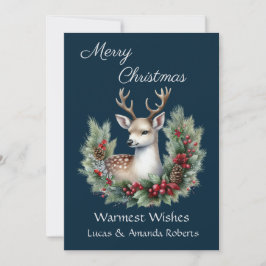 Tarjeta Festiva El ciervo pacífico, con Holly Wreath, sobre el azu
