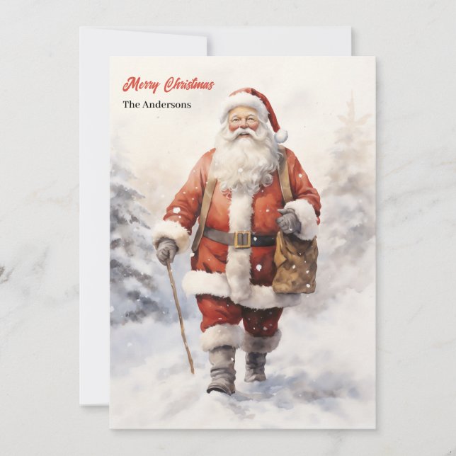 Tarjeta Festiva El clásico de la acuarela Santa Claus en un bosque (Anverso)