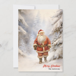 Tarjeta Festiva El clásico Santa Claus caminando en un bosque de n