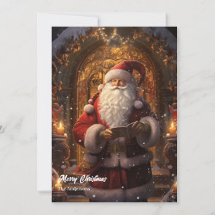 Tarjeta Festiva El clásico Santa Claus frente a la puerta de la ca