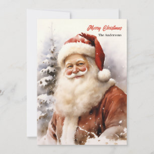 Tarjeta Festiva El clásico Santa Claus sonriendo en un bosque neva