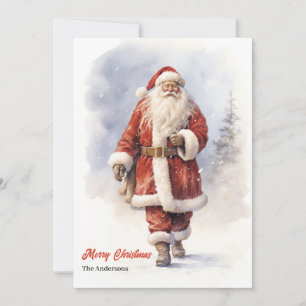 Tarjeta Festiva El clásico Santa Claus sonriendo en un bosque neva