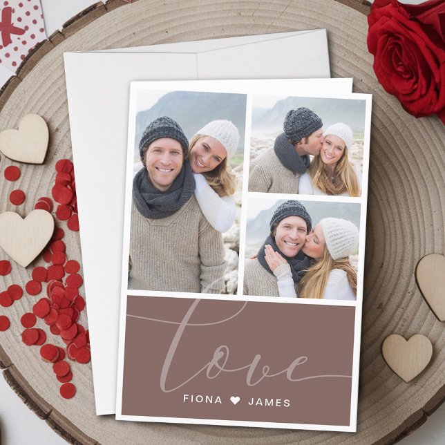 Tarjeta Festiva El Collage de fotos Rojo Dusty Moderno Amor Person (Modern Dusty Red Photo Collage Love Personalized Holiday Card)