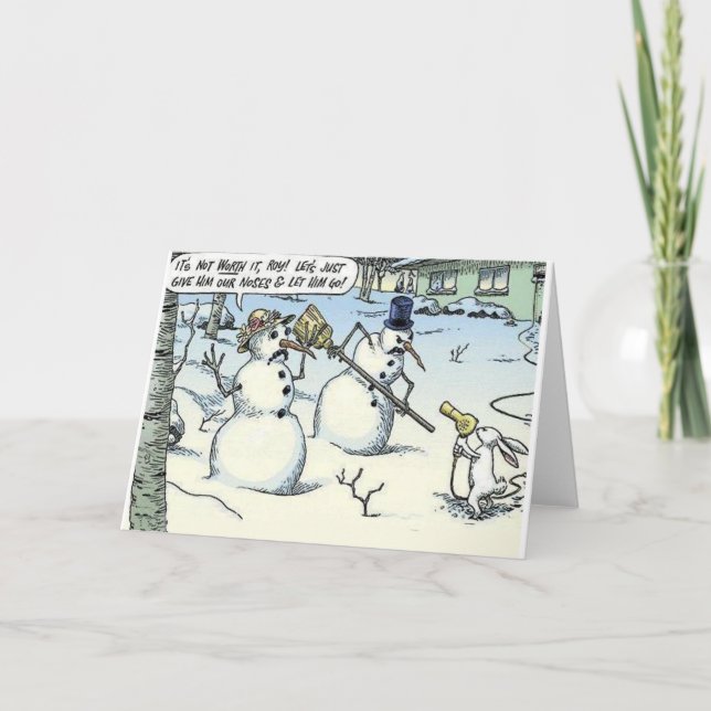 Tarjeta Festiva El conejito amenaza al muñeco de nieve para la (Anverso)