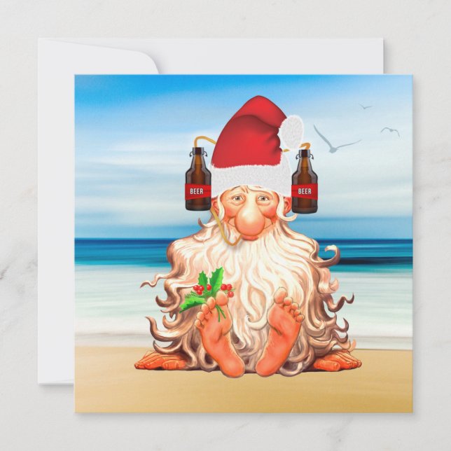 Tarjeta Festiva El curioso Santa Gnome en un Sombrero de Cerveza e (Anverso)