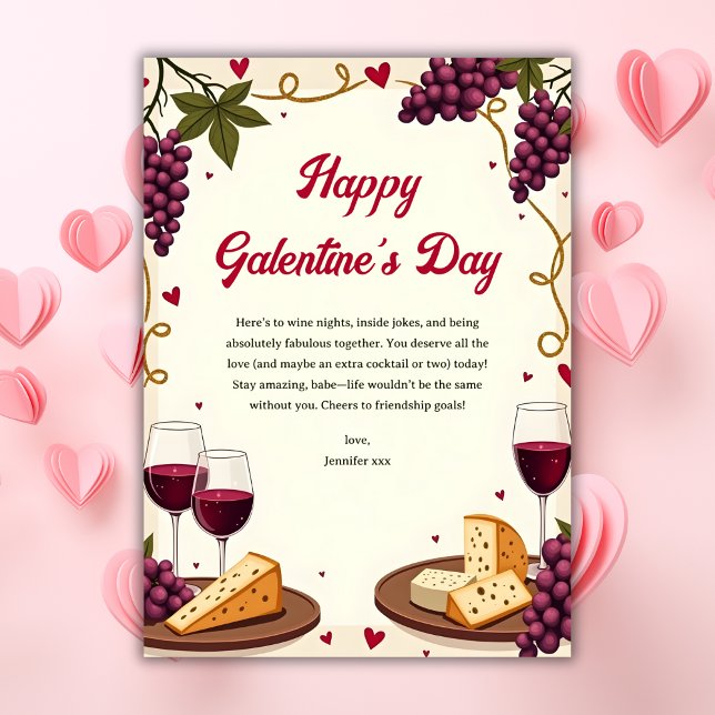 Tarjeta Festiva El día de las galentinas con agua y vino de queso (Watercolor Charming Wine & Cheese Galentine’s Day Holiday Card)