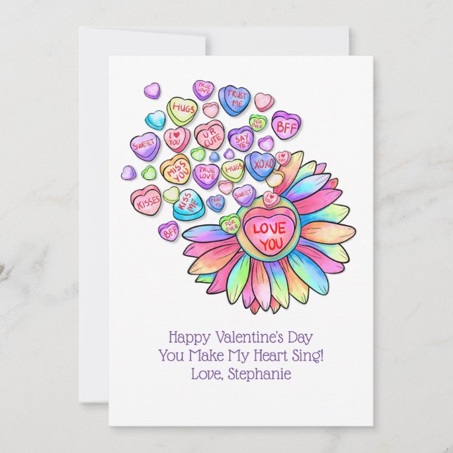 Tarjeta Festiva El día de San Valentín Card Candy Hearts Flores Ar (Anverso)