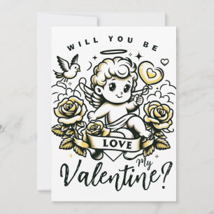 Tarjeta Festiva El día de San Valentín cupido con rosas amarillas