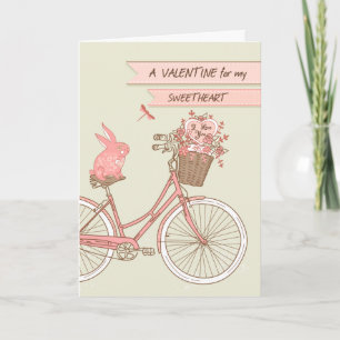Tarjeta Festiva el día de San Valentín de Conejo Rosa de Bicicleta